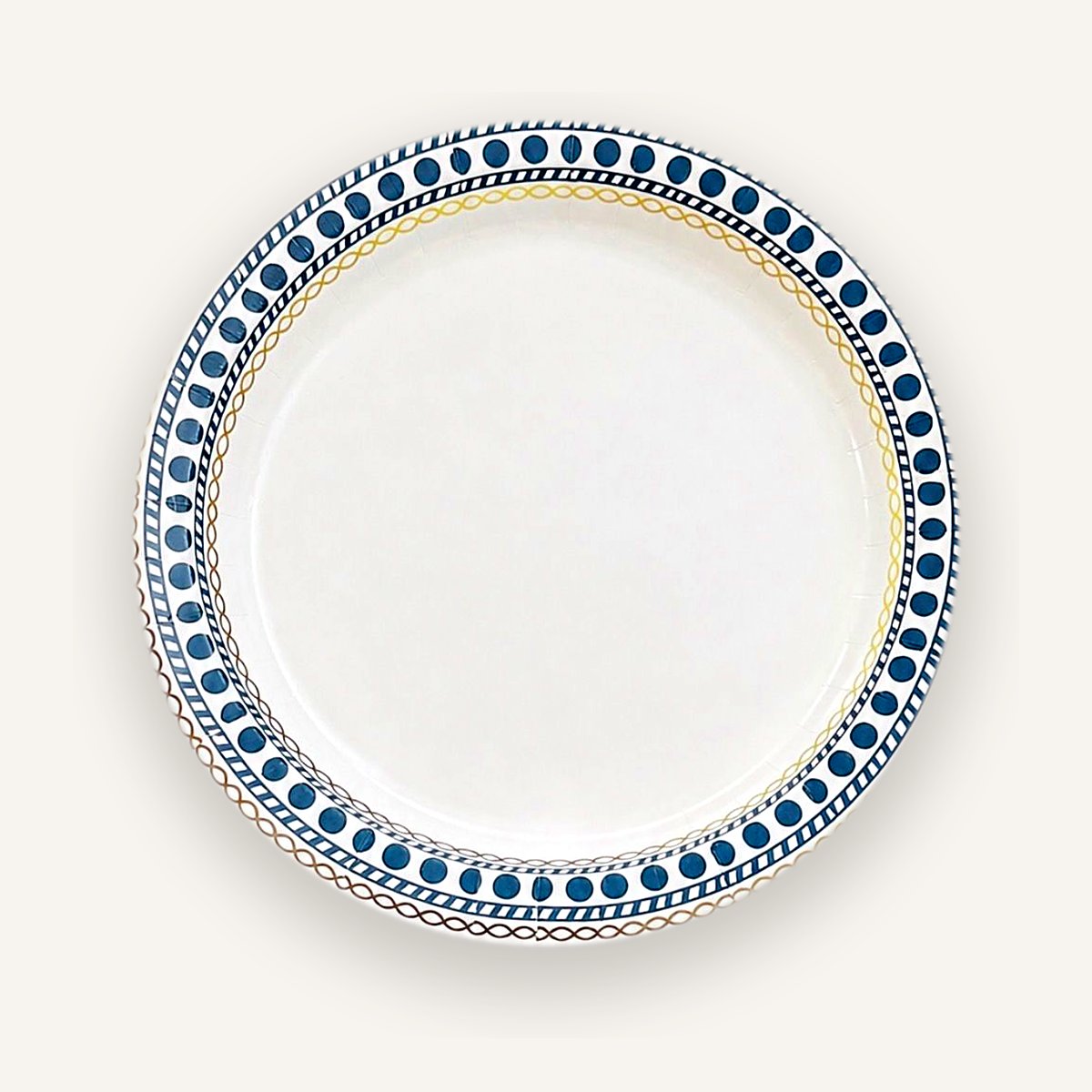 Paper plate with fine blue and gold border pattern