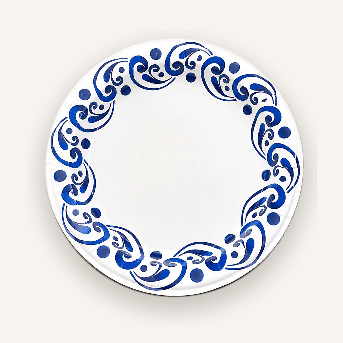 Paper plate with blue scroll border pattern