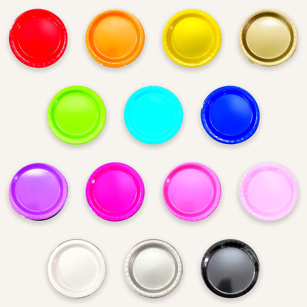 Paper plates in fourteen solid colors