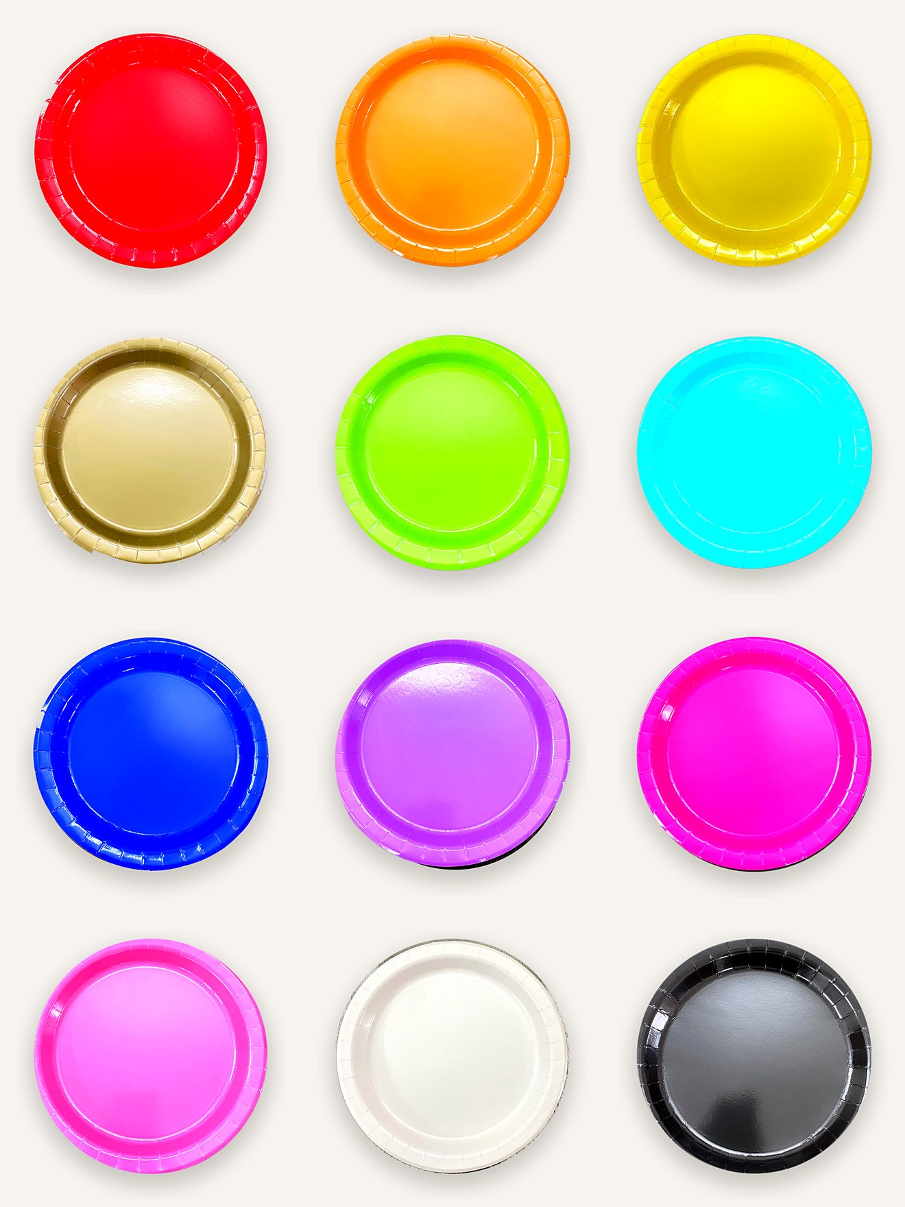 Paper plates in a rainbow of solid colors